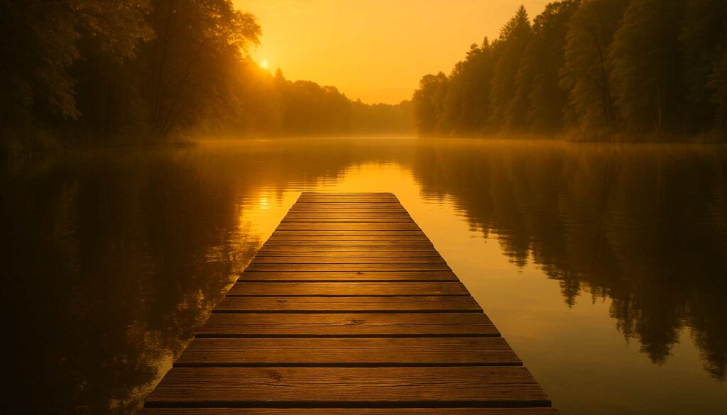 Ein Holzsteg führt in goldenes Abendlicht über einem stillen See – Symbol für innere Ruhe und das Loslassen schwerer Gedanken.