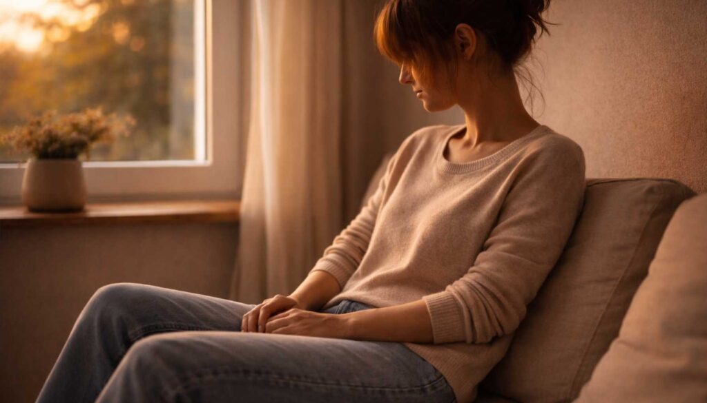 Erschöpfte Person sitzt nach vorne gebeugt auf einem Sofa im warmen Abendlicht, Hände ineinander, sichtbare innere Anspannung nach sozialen Kontakten