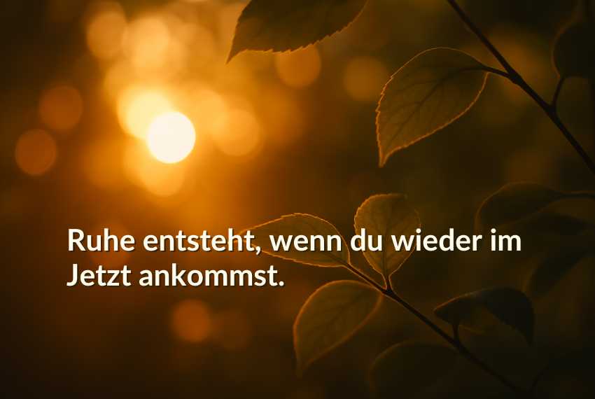sympatikus-beruhigen-zitat Goldenes Naturmotiv mit Blättern im warmen Licht und dem Text ‚Ruhe entsteht, wenn du wieder im Jetzt ankommst.‘