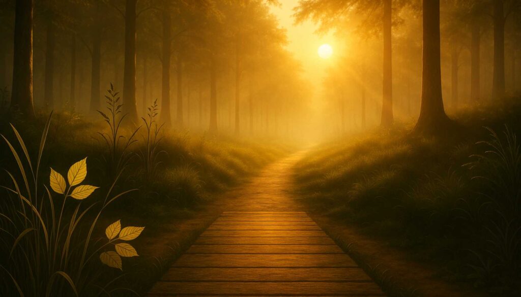 Warmgoldenes Morgenlicht fällt auf einen stillen Waldweg; die Szene symbolisiert Ruhe, mentale Weite und ein Nervensystem, das sich entspannt – passend zum Thema „zu viele Gedanken im Kopf“