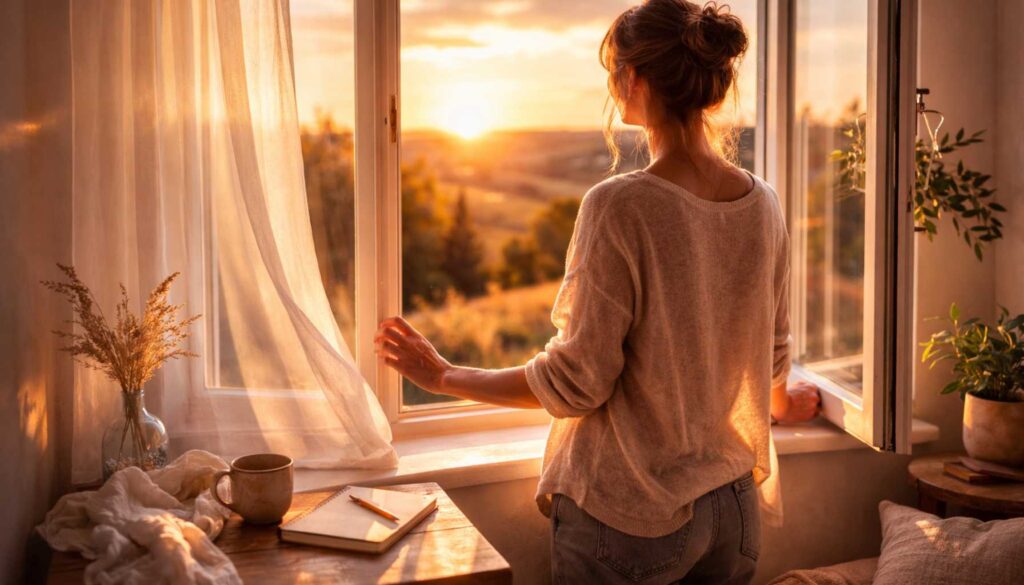 Frau steht am Fenster im warmen Abendlicht und blickt nach draußen, ruhiger Moment innerer Anspannung