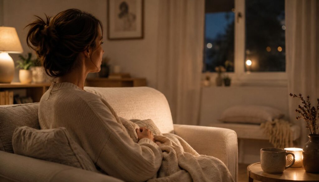 Erschöpfte Frau sitzt abends auf dem Sofa und kommt trotz Ruhe nicht zur Ruhe
