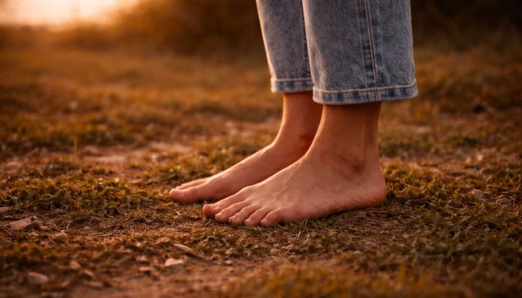 Barfüßige Füße stehen im warmen Abendlicht auf dem Boden, Moment der Erdung und körperlichen Stabilisierung