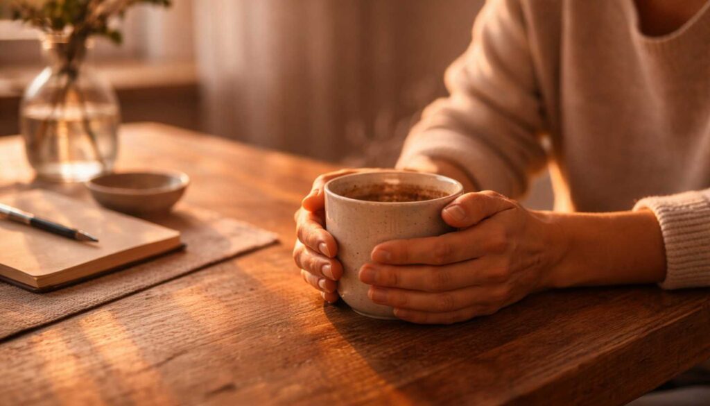 Hände halten eine Tasse im warmen Abendlicht, stiller Moment während Gedanken kreisen