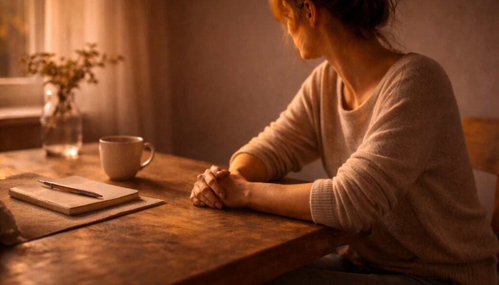 Frau sitzt ruhig am Tisch im warmen Abendlicht und wirkt innerlich angespannt