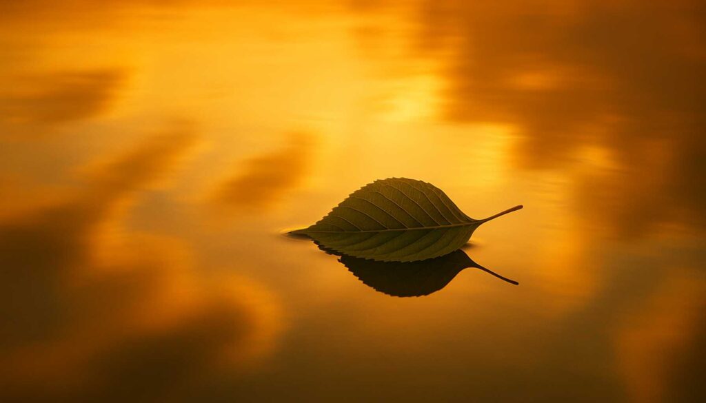 Ein einzelnes grünes Blatt schwebt ruhig auf goldenem Wasser im Abendlicht – Symbol für Vertrauen, Loslassen und innere Ruhe.