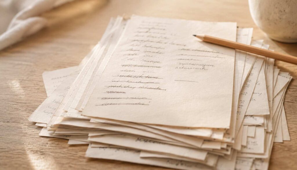 Handgeschriebene To-Do-Liste mit durchgestrichenen Punkten im warmen Abendlicht – Symbol für inneres Kontrollbedürfnis und Struktur im Alltag.