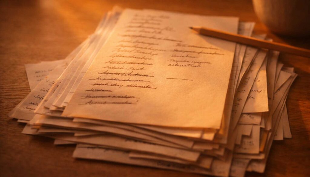 Handgeschriebene To-Do-Liste mit durchgestrichenen Punkten im warmen Abendlicht – Symbol für inneres Kontrollbedürfnis und Struktur im Alltag.