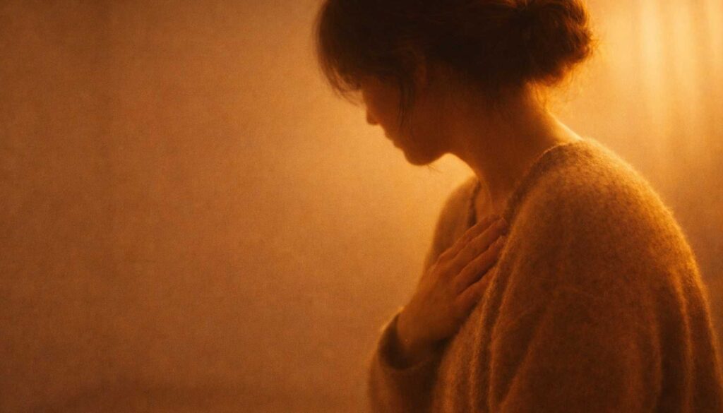 Frau legt die Hand auf ihr Herz und richtet den Blick nach innen – Symbol für innere Klärung, Selbstmitgefühl und das Lösen alter Schuldgefühle aus der Familie.