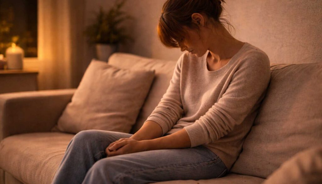Frau sitzt ruhig und erschöpft auf dem Sofa im warmen Abendlicht, Moment innerer Unruhe trotz Ruhe