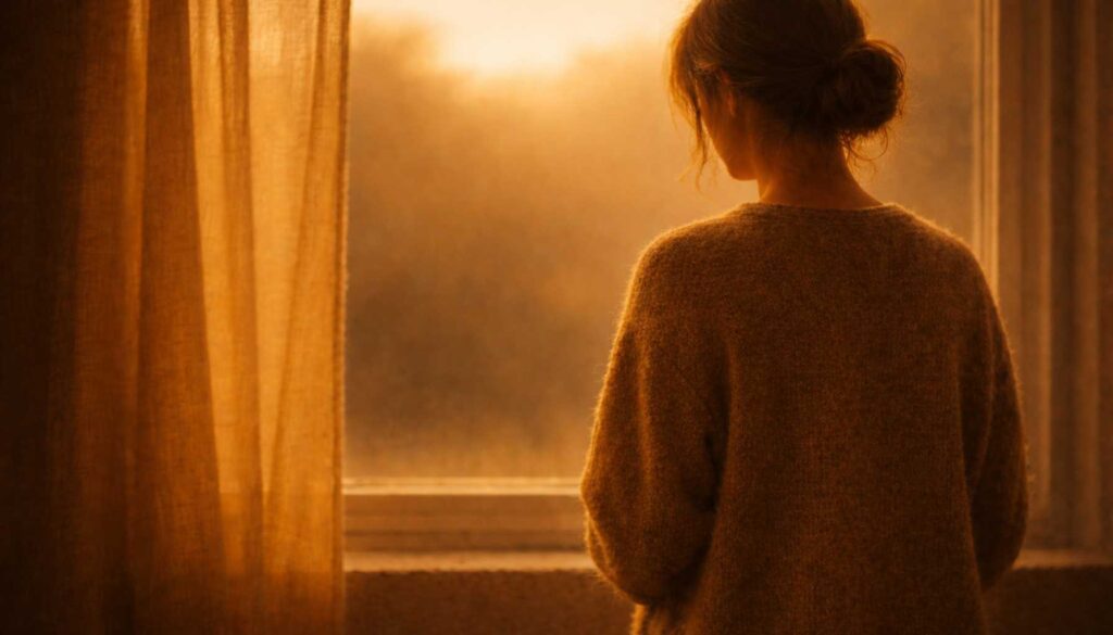 Eine Person steht mit dem Rücken zur Kamera am Fenster und blickt in warmes, gedämpftes Licht.