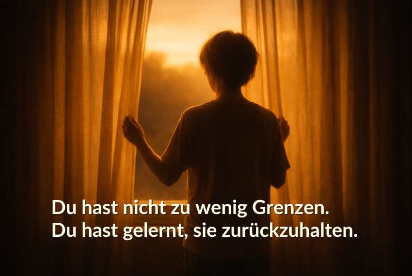 nein sagen lernen zitat Eine Person steht von hinten am Fenster im warmen Abendlicht und hält einen Vorhang leicht zurück. Im Bild steht der Text: „Du hast nicht zu wenig Grenzen. Du hast gelernt, sie zurückzuhalten.“