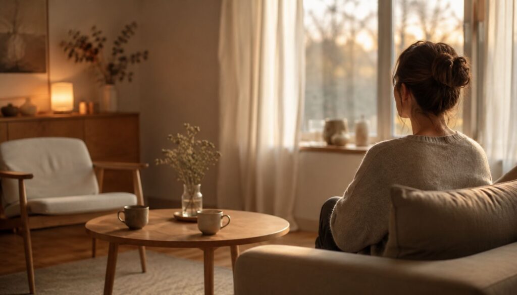 Person sitzt nachdenklich in einem ruhigen Wohnzimmer.