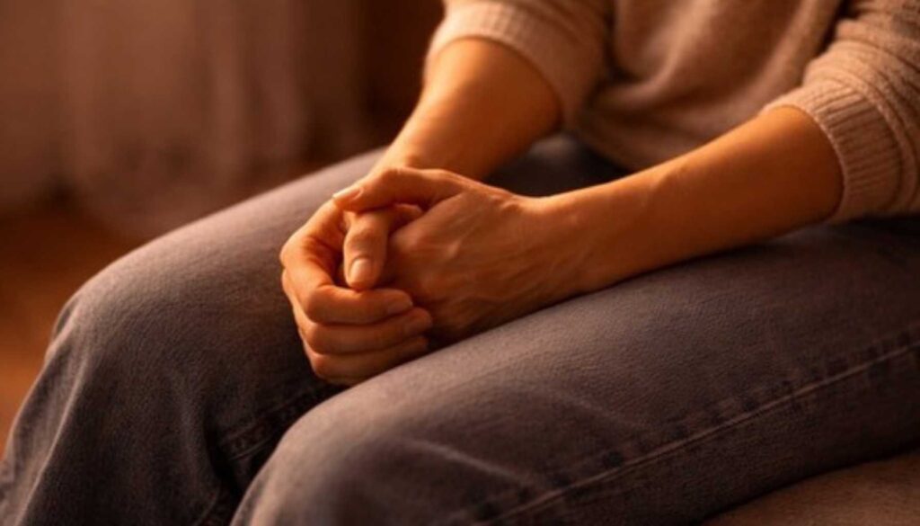 Hände liegen angespannt auf den Oberschenkeln, innere Unruhe und viele Gedanken im Kopf spürbar
