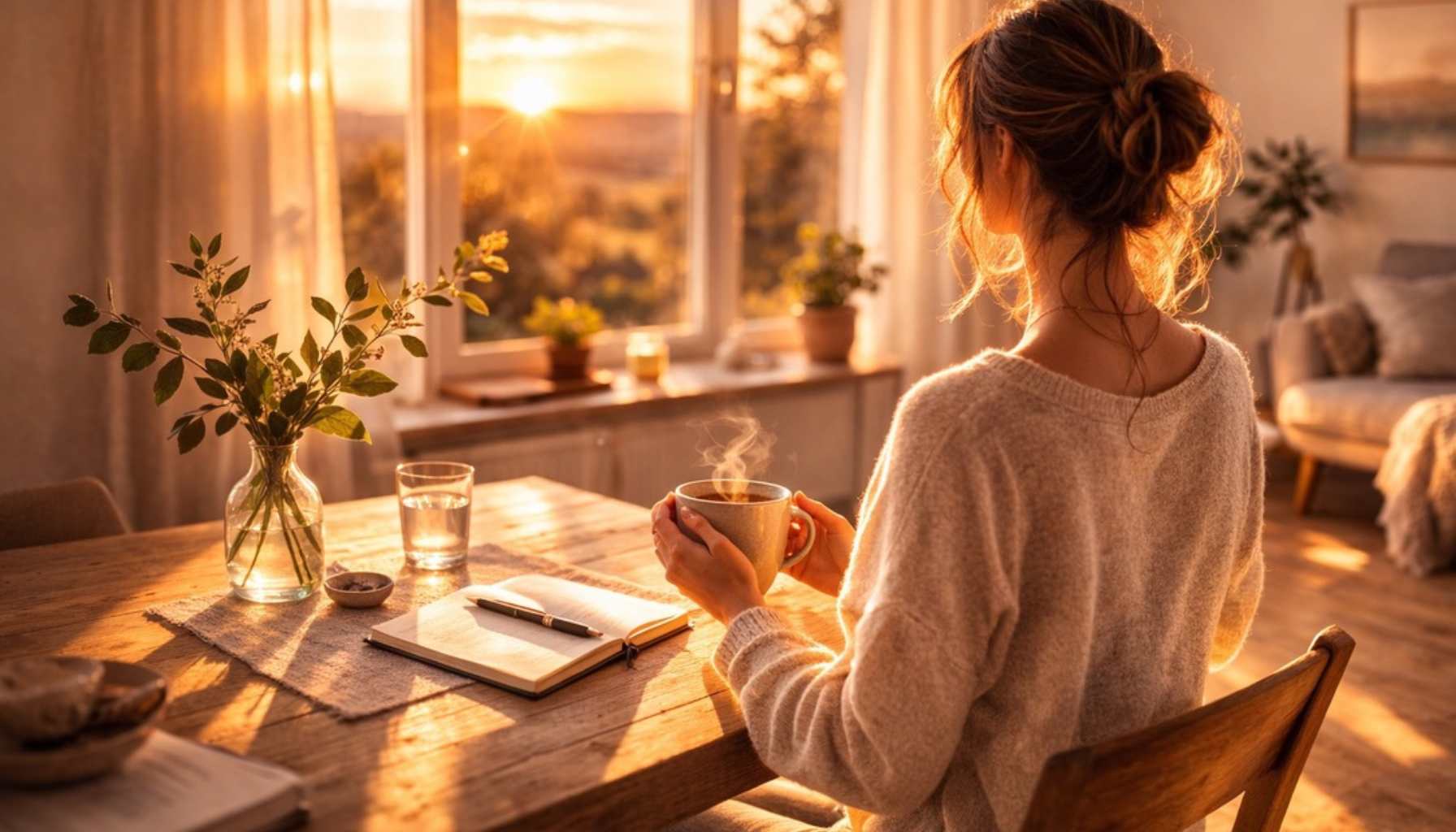 Elynia Frau sitzt am Tisch im Abendlicht und arbeitet bewusst