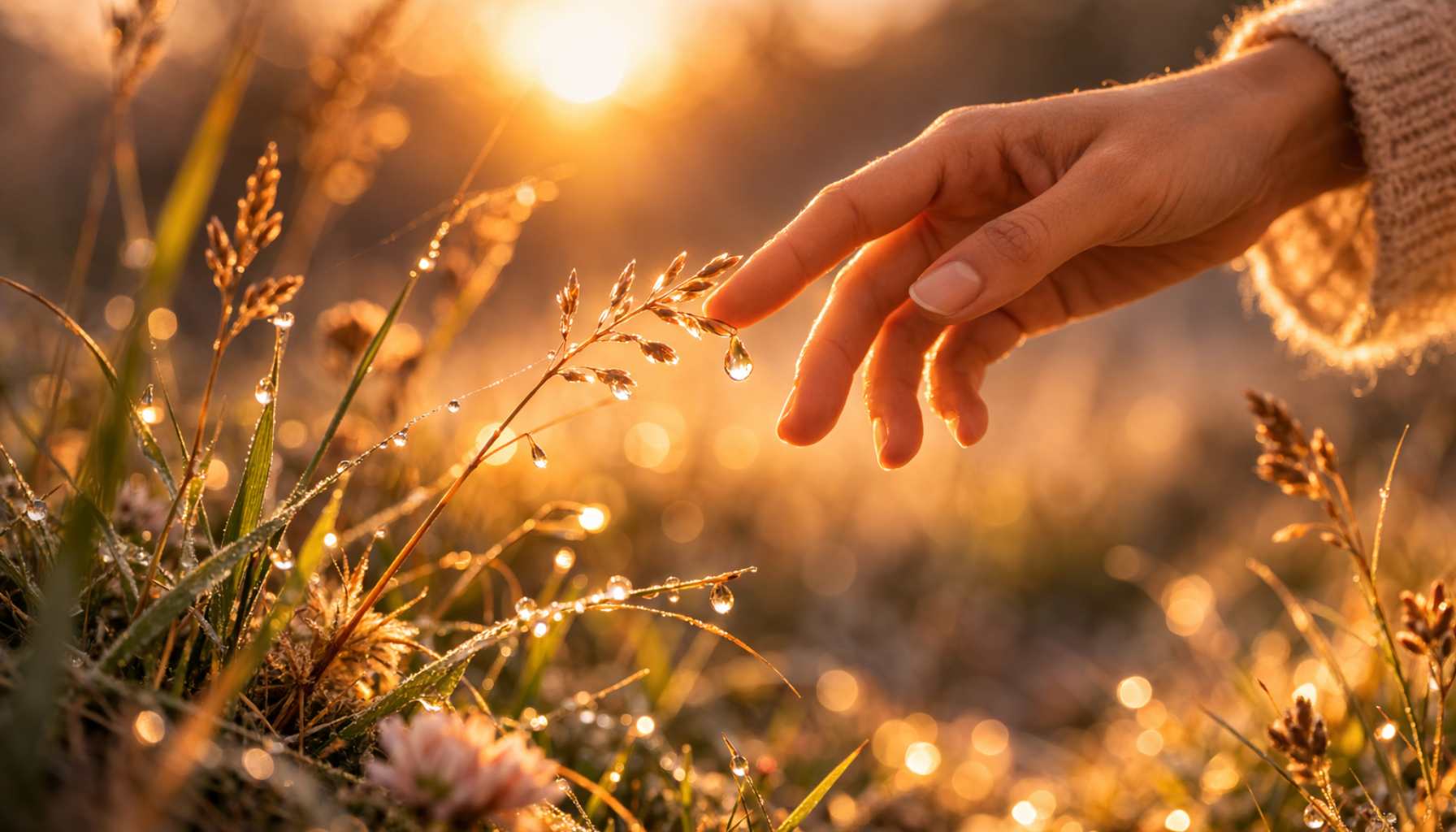 NALEA Hand, die im warmen Abendlicht zart über Gräser streicht