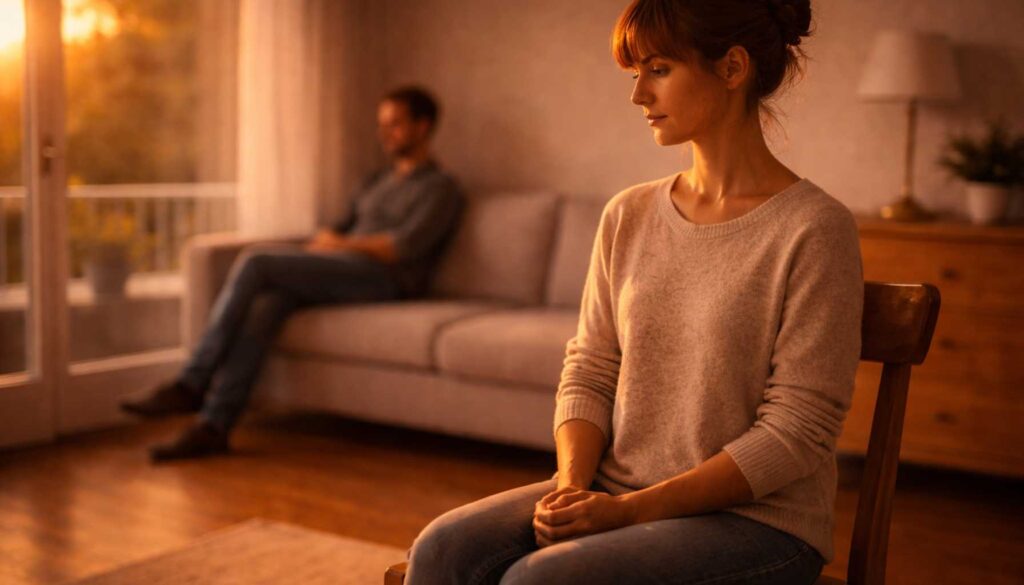 Frau sitzt ruhig im Raum und wirkt nachdenklich, während im Hintergrund eine andere Person auf Abstand sitzt – Gefühl von innerer Unsicherheit und Selbstzweifel