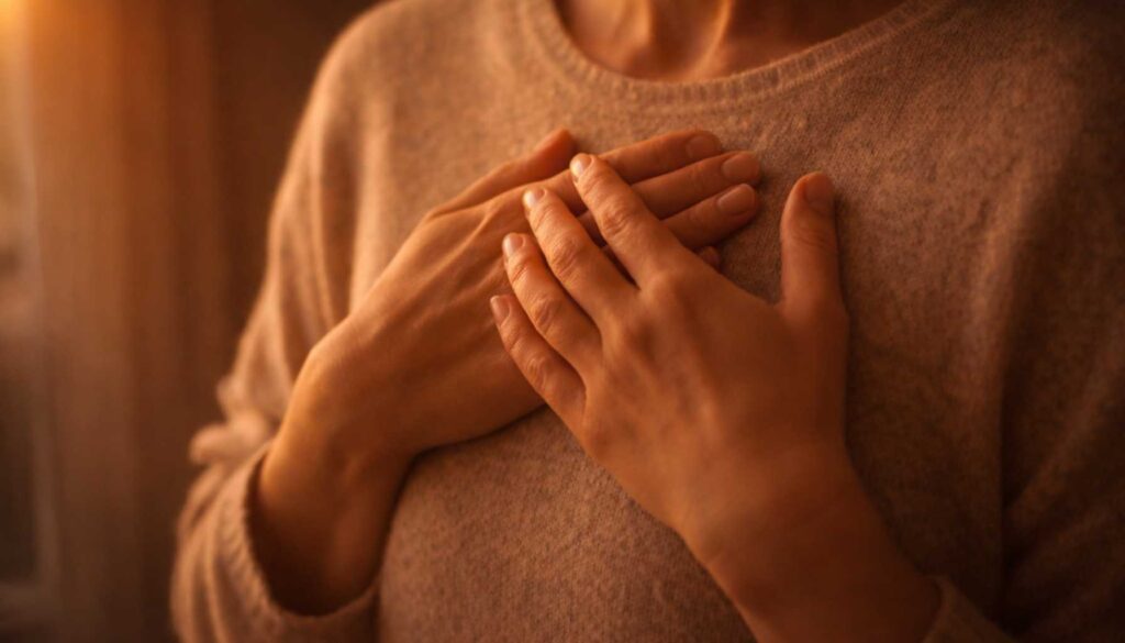 Frau legt im warmen Abendlicht beide Hände auf ihr Herz – Symbol für Selbstwert stärken und bei sich bleiben