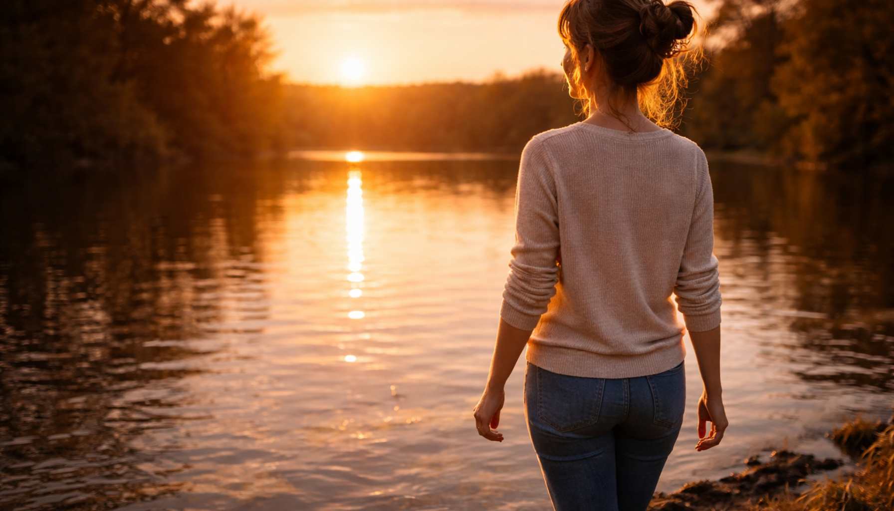 energie-und-erschoepfung Frau steht ruhig am See im warmen Abendlicht und blickt auf das Wasser – Symbol für Regeneration und zurückkehrende Energie.