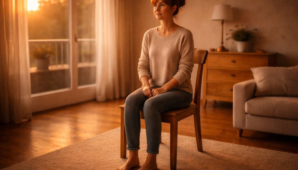 Frau sitzt ruhig auf einem Stuhl im warmen Abendlicht und wirkt gesammelt – Symbol für bewusstes Nein sagen und innere Klarheit.