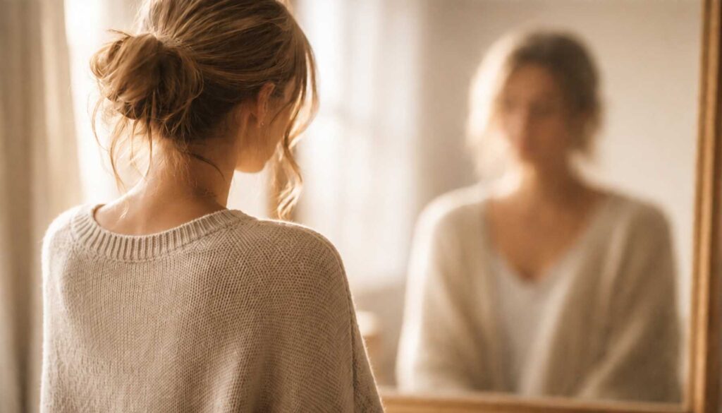 Frau von hinten vor einem Spiegel im warmen Abendlicht – Symbol für geringes Selbstwertgefühl und stille Selbstzweifel