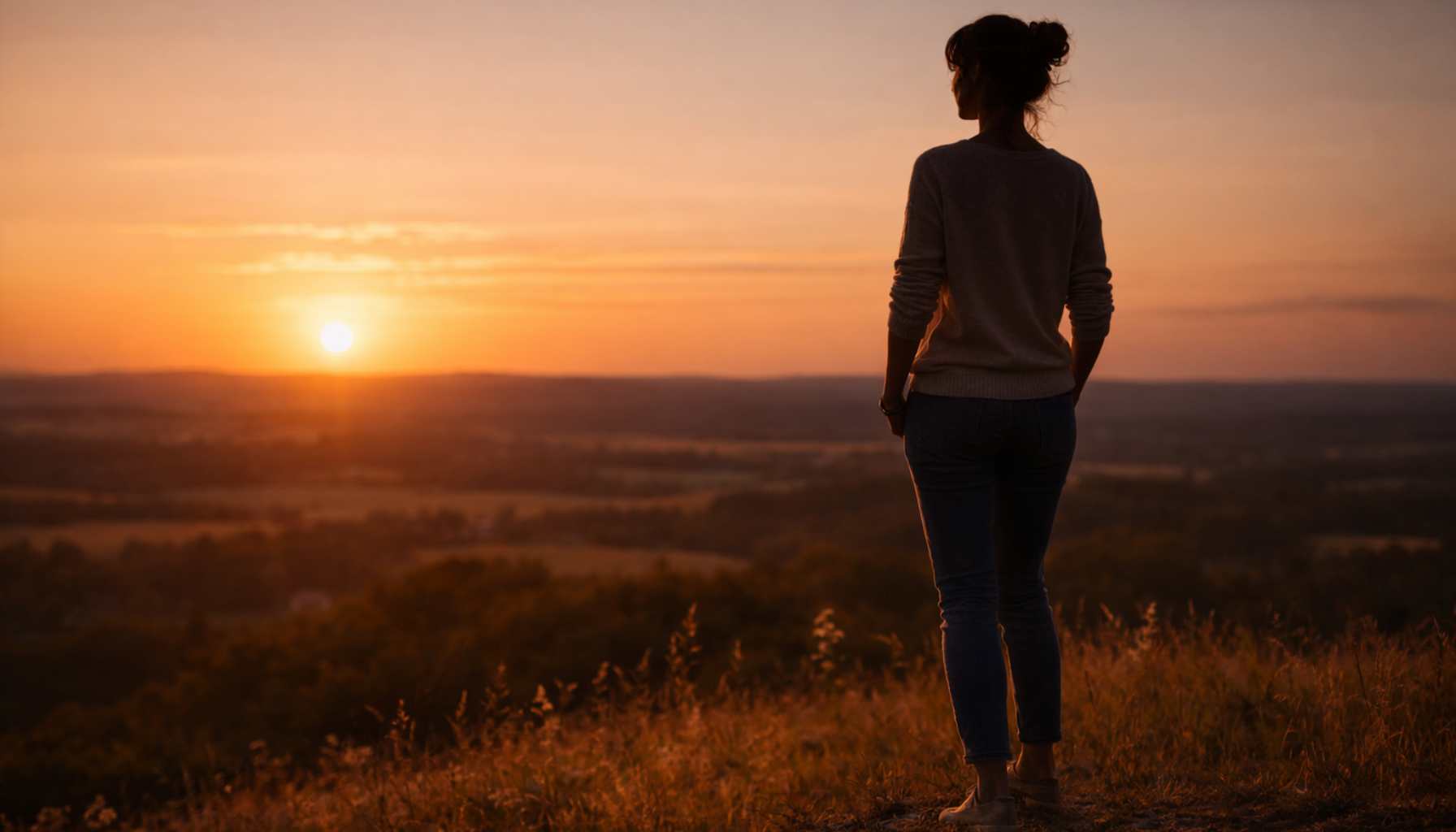 selbstwert-und-innerr-klarheit Feine Gräser werden von warmem Sonnenuntergangslicht durchzogen. Die Luft wirkt weich und leicht orange gefärbt. Der Hintergrund ist ruhig und unscharf. Das Bild steht für subtile Wahrnehmung, Aufmerksamkeit für feine Nuancen und die Fähigkeit, Details bewusst wahrzunehmen – ohne Überhöhung oder Mystik.