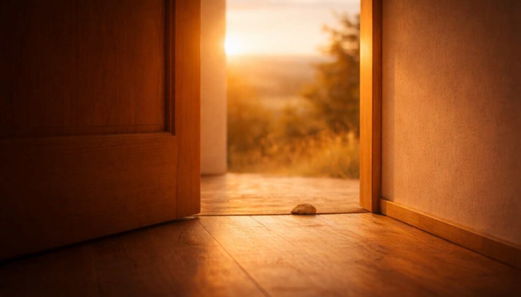 Halb geöffnete Tür im warmen Sonnenuntergang, ein kleiner Stein liegt im Türrahmen – Symbol für selektive Wahrnehmung und den Fokus auf das Negative trotz offenem Licht.