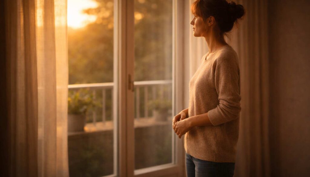 Frau steht im warmen Abendlicht am Fenster und hält inne – Symbol für innere Stabilität, wenn alte Muster wieder auftauchen.