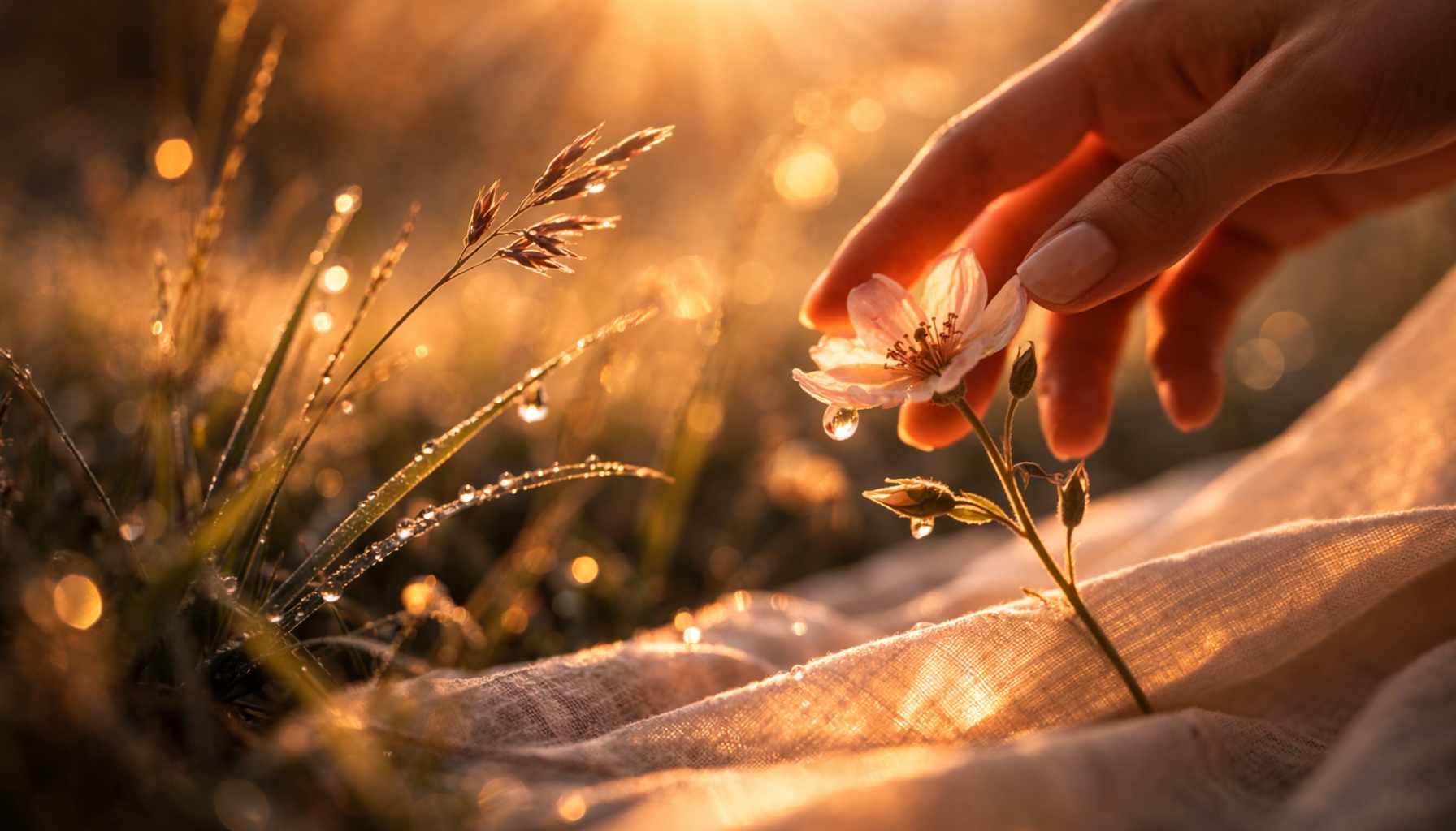 Visuelle-erdung Hand berührt zarte Blüte im Sonnenlicht – Symbol für feinfühlige Wahrnehmung und Nervensystem-Regulation.