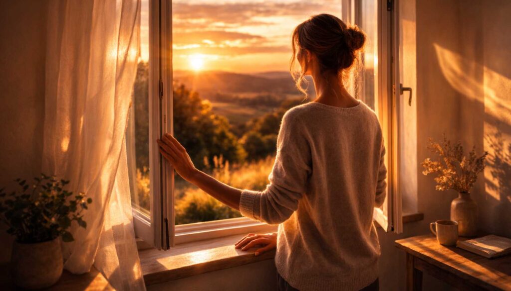 Frau sitzt am Fenster im warmen Abendlicht und blickt ruhig nach draußen
