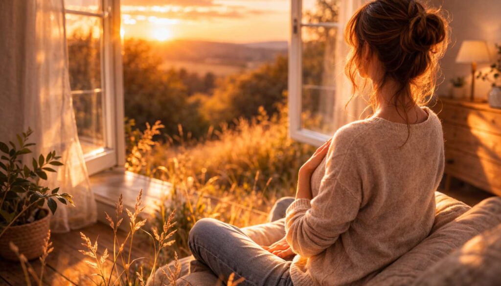 Frau sitzt ruhig am Fenster im warmen Abendlicht und nimmt sich bewusst Zeit für sich