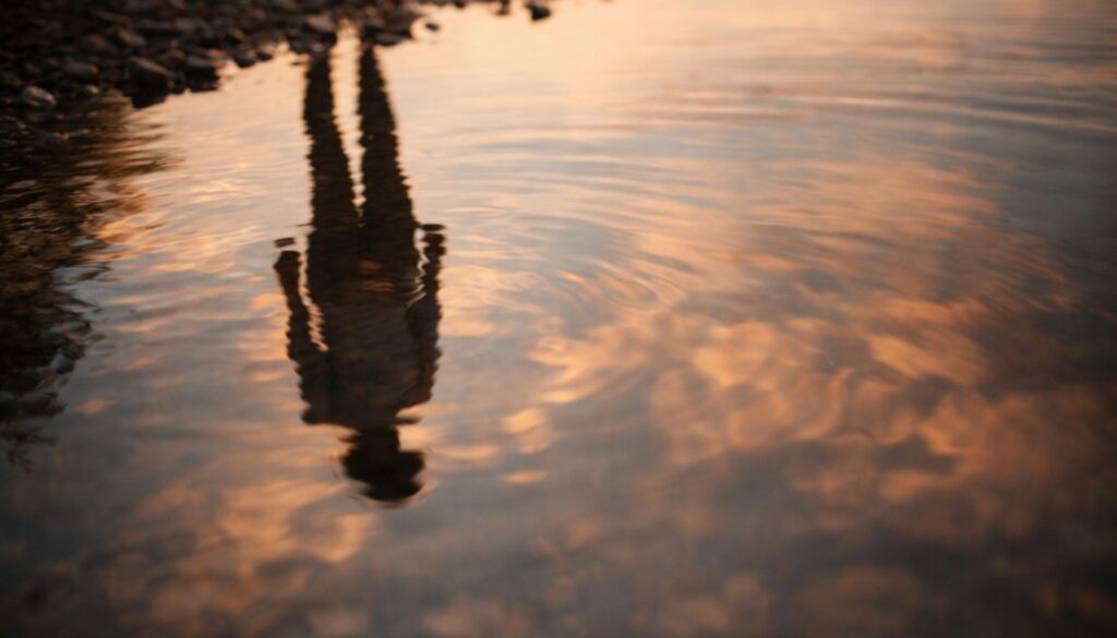 Person spiegelt sich im ruhigen Wasser bei warmem Abendlicht, symbolisch für innere Distanz und unterschiedliche Wahrnehmung in einer Beziehung