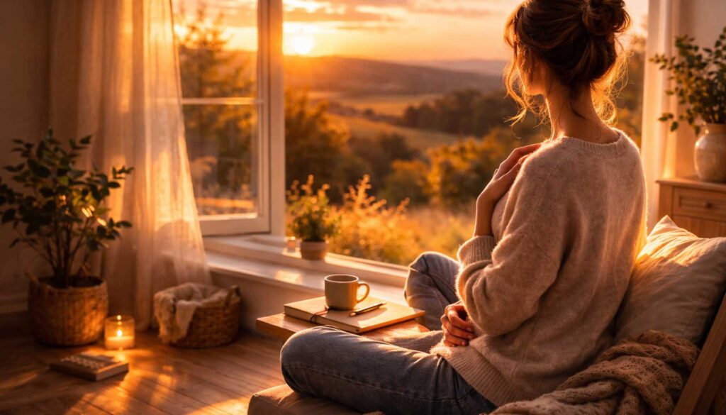 Frau sitzt im warmen Abendlicht am Fenster und blickt ruhig nach draußen – Symbol für Selbstreflexion und innere Muster