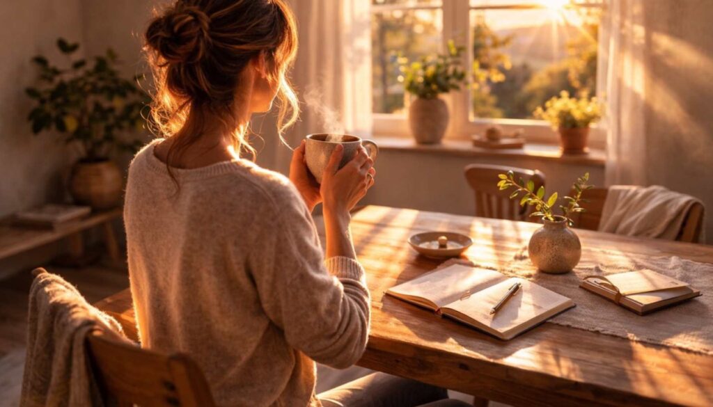 Frau sitzt ruhig am Fenster im warmen Abendlicht und kommt nach einem langen Tag bei sich an