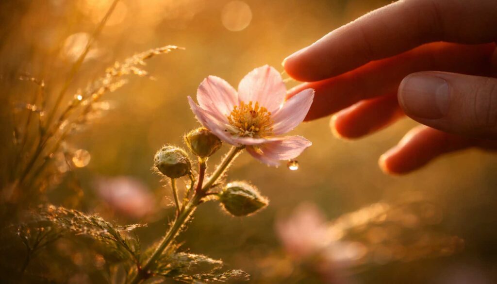 Hand berührt sanft eine Blume im warmen Licht, ruhiger Moment der Selbstwahrnehmung und inneren Beruhigung