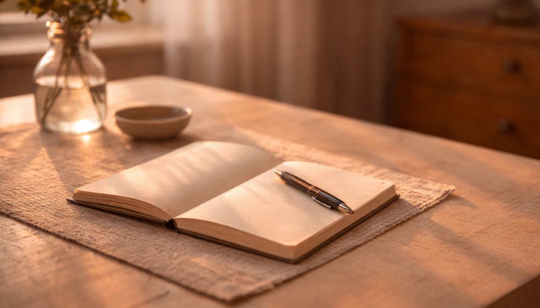 Gedanken ordnen – ruhiger Moment mit Notizbuch Notizbuch und Tasse auf einem Tisch im warmen Licht, ruhiger Moment zum Gedanken ordnen