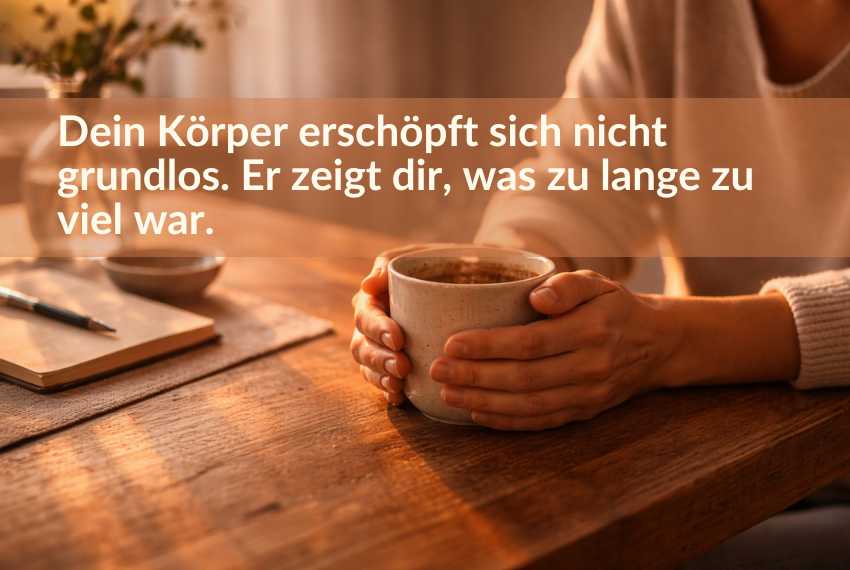 keine-kraft-mehr-erschoepft Hände halten eine Tasse auf einem Holztisch im warmen Abendlicht, stiller Moment von Erschöpfung und Rückzug