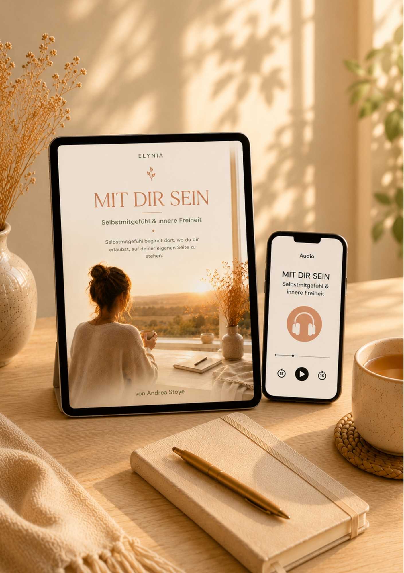 Mit dir sein – Hochformat-Mockup Mit dir sein als digitales E-Book mit Audio-Begleitung auf Tablet und Smartphone in ruhiger Atmosphäre
