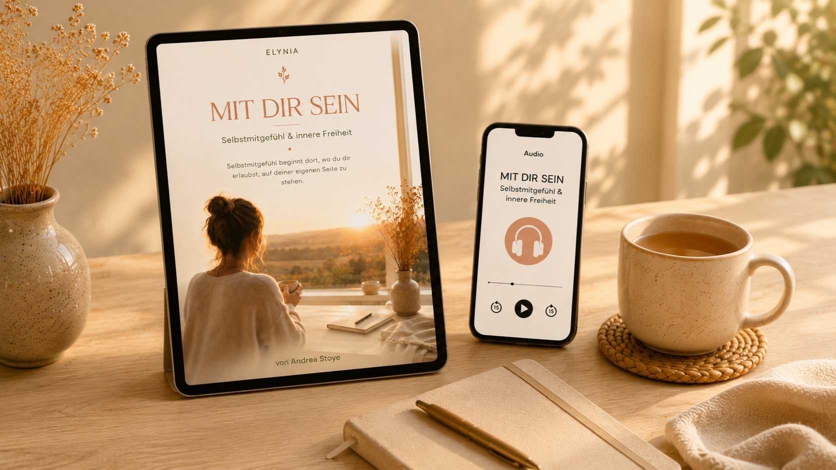Mit dir sein – Querformat-Mockup Querformat-Mockup von Mit dir sein mit E-Book und Audio-Begleitung auf Tablet und Smartphone