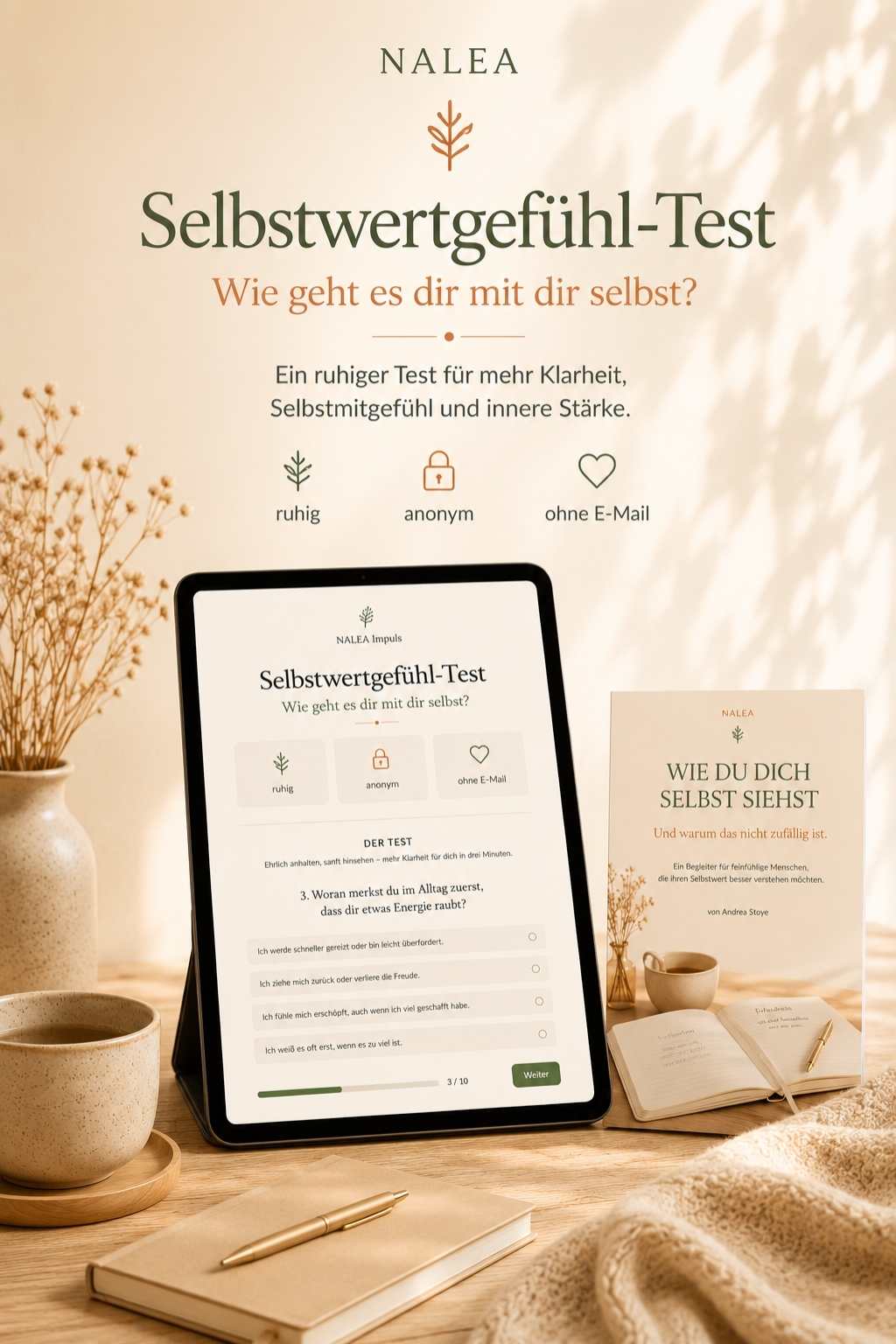 NALEA Selbstwertgefühl-Test – Hochformat Hochformat-Mockup des NALEA Selbstwertgefühl-Tests mit Tablet, Begleit-PDF und ruhiger Selbstwert-Atmosphäre