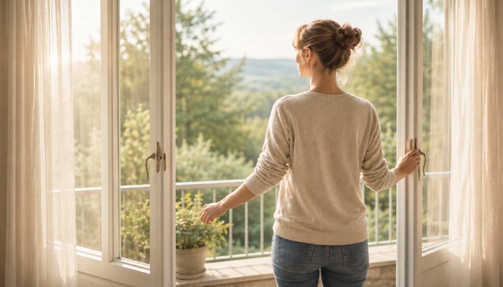 Frau steht am offenen Fenster im warmen Abendlicht und blickt ruhig nach draußen – Sinnbild für innere Abgrenzung und bewusste Wahrnehmung