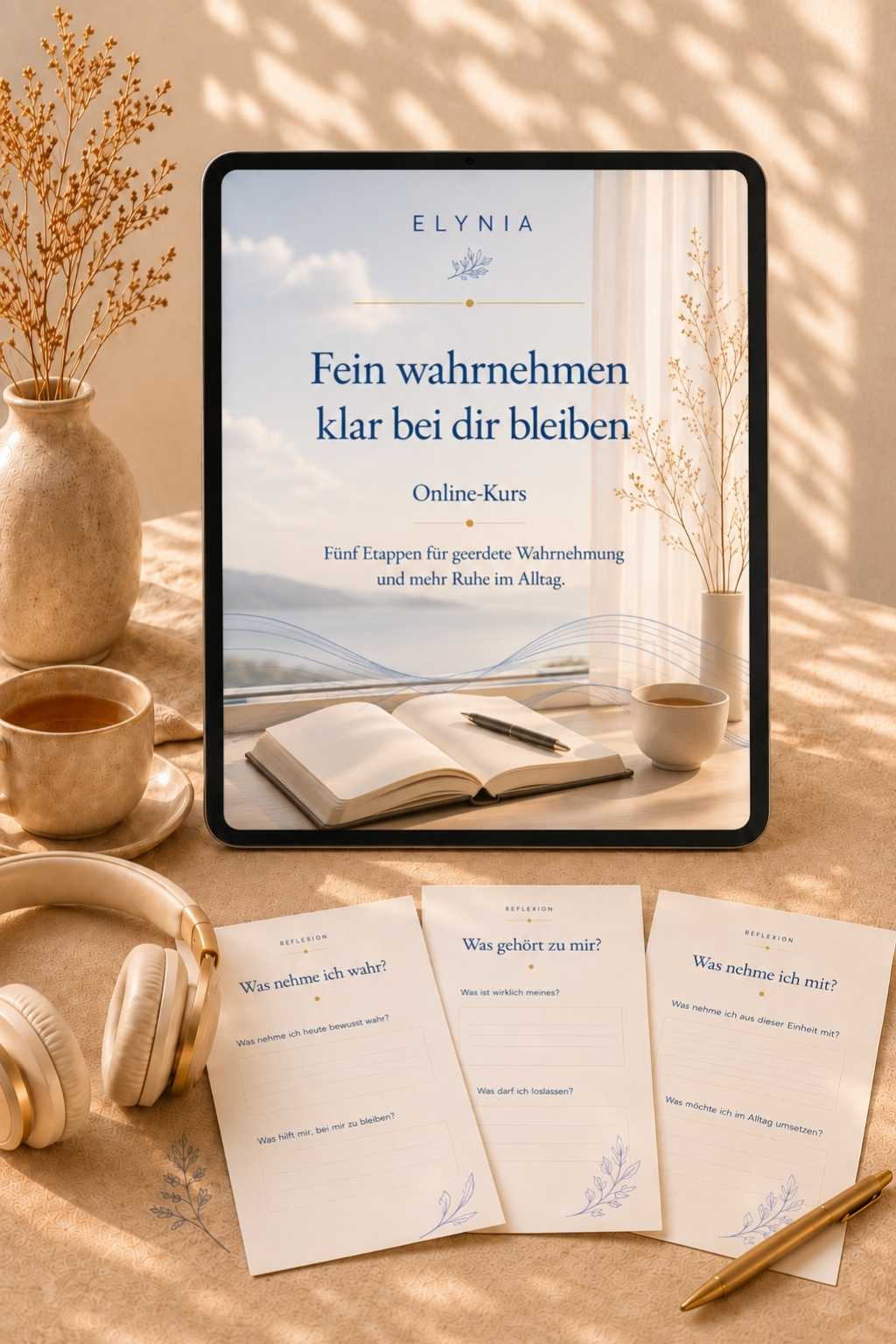 wahrnhemung-verstehen-online-kurs-mockup-hochformat.jpg ELYNIA Audio-Kurs „Wahrnehmung vertiefen & Hellsinne einordnen“ auf einem Tablet in einer ruhigen, warmen Schreibtischszene. Vor dem Tablet liegen drei Reflexionsblätter mit den Titeln „Was nehme ich wahr?“, „Was gehört zu mir?“ und „Was nehme ich mit?“. Daneben befinden sich Kopfhörer, eine Tasse, ein Stift und eine Vase mit getrockneten Gräsern.