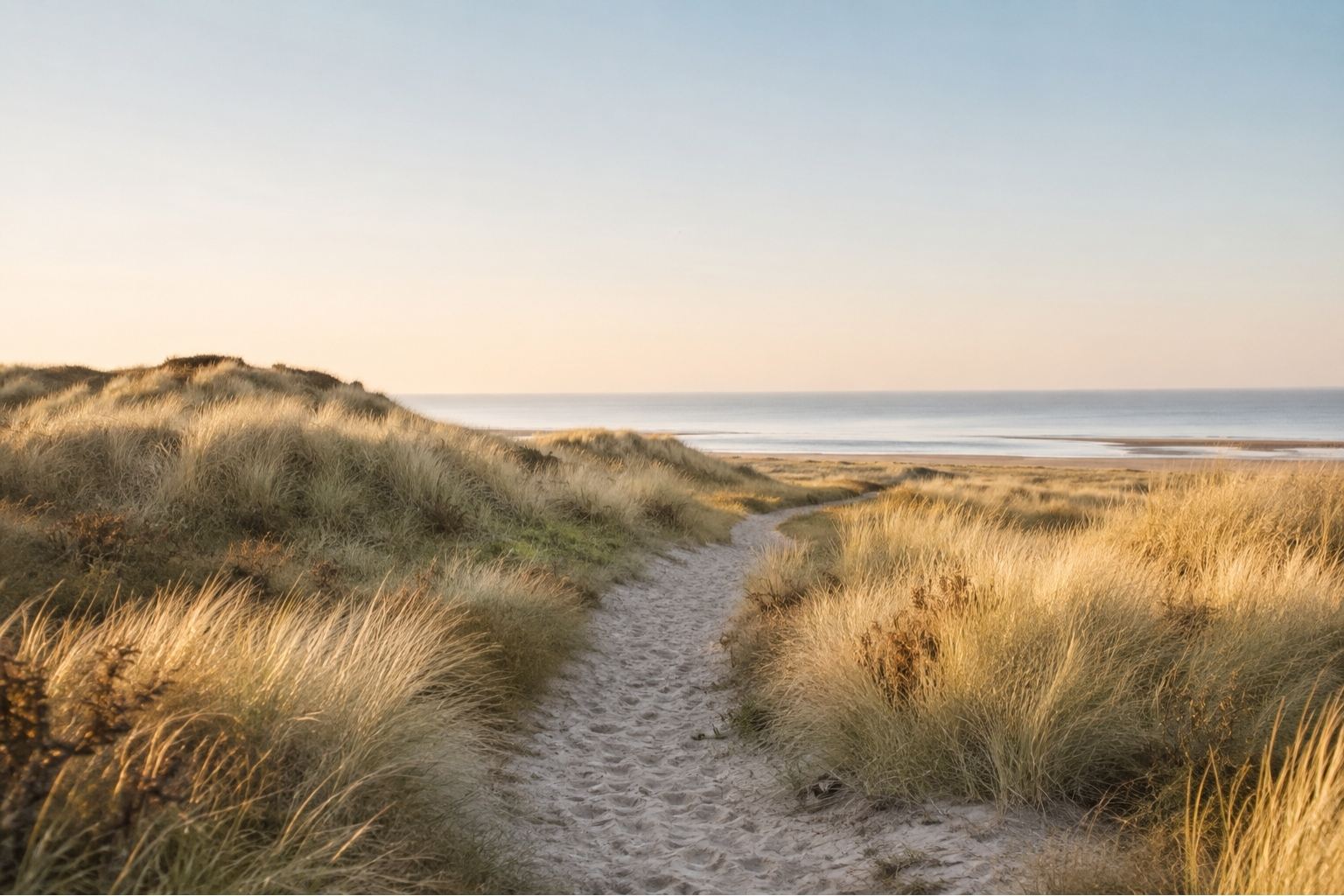 Weite, Ruhe und Heimat Dünenlandschaft an der norddeutschen Küste mit Sandweg, Dünengras und Blick auf das Meer