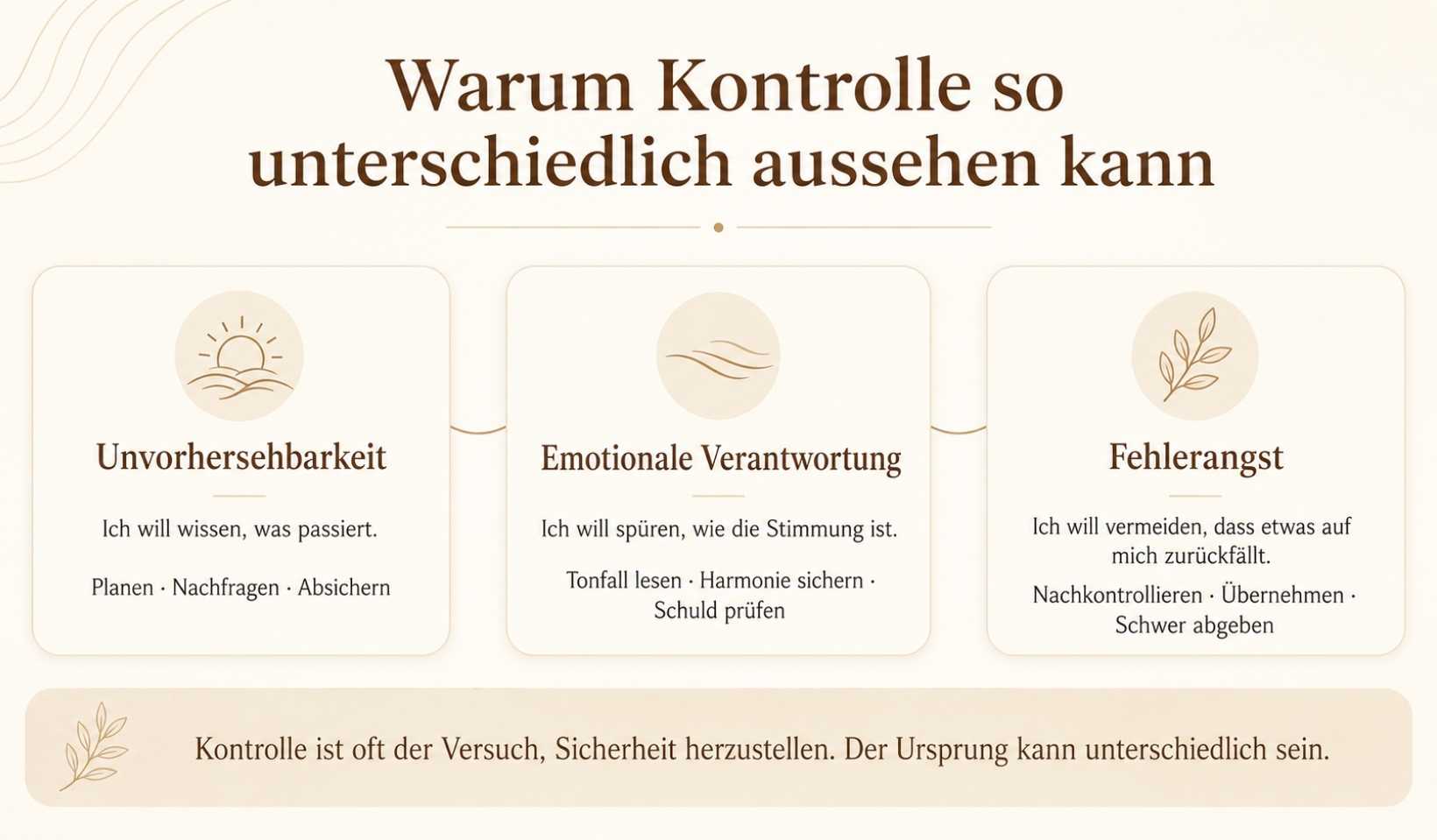 Warum Kontrolle so unterschiedlich aussehen kann Infografik zu Kontrollbedürfnis: drei Muster Unvorhersehbarkeit, emotionale Verantwortung und Fehlerangst