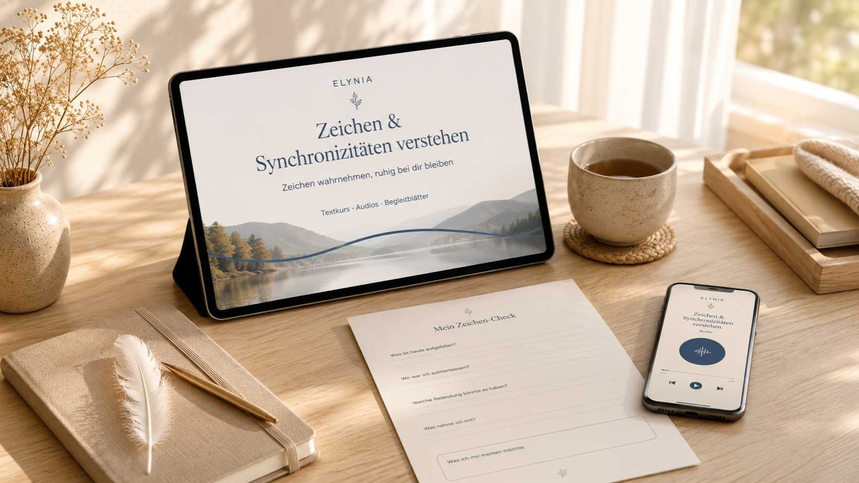 zeichen-wahrnehmen-ruhig-bei-dir-bleiben-onlinekurs Produktbild zum Online-Kurs „Zeichen & Synchronizitäten verstehen“ mit Tablet, Begleitblatt, Audio-Smartphone, Feder und Notizbuch auf einem hellen Schreibtisch.