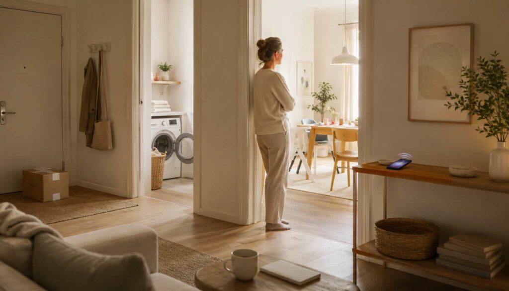 Frau steht nachdenklich im Flur ihrer Wohnung und blickt in den Wohnbereich – fehlende Wertschätzung in der Partnerschaft