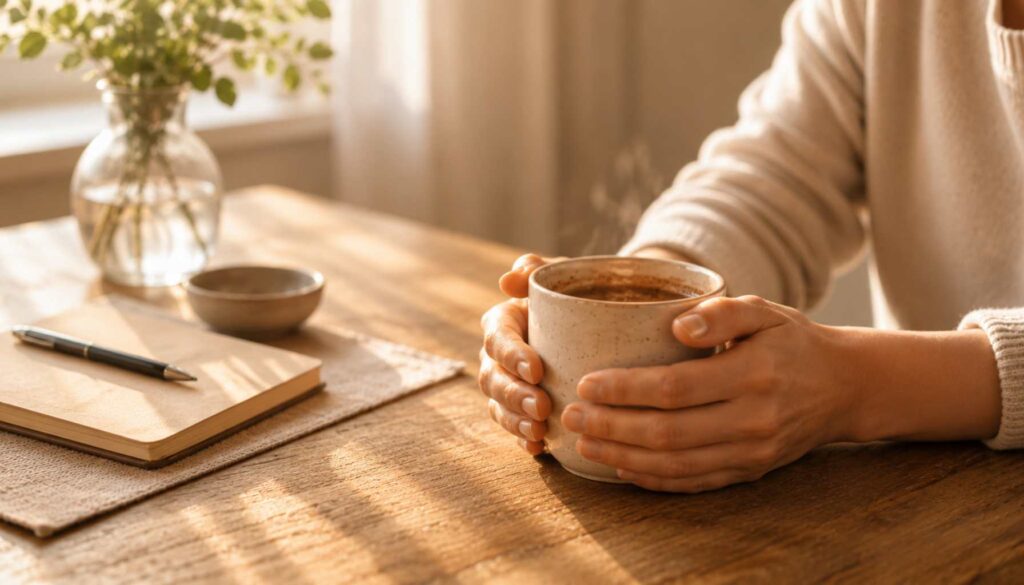 Hände halten eine Tasse im warmen Abendlicht, stiller Moment während Gedanken kreisen