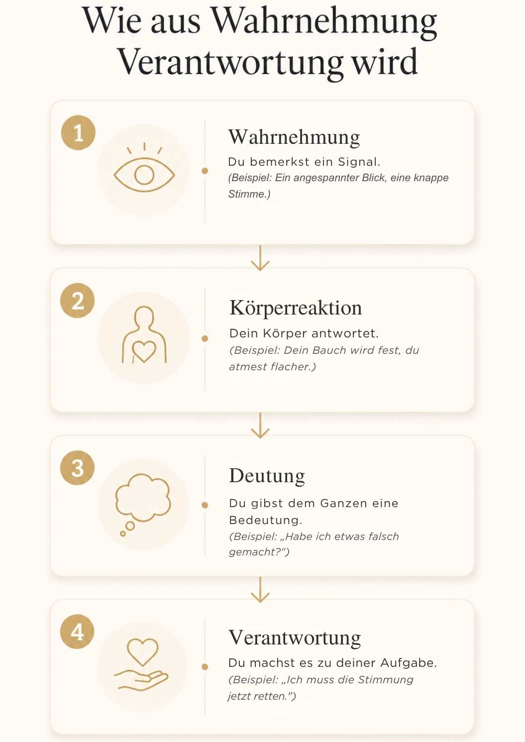 gefuehle-anderer-menschen-spueren-verantwortung-grafik. Infografik: Wie aus der Wahrnehmung anderer Menschen über Körperreaktion und Deutung das Gefühl von Verantwortung entstehen kann.