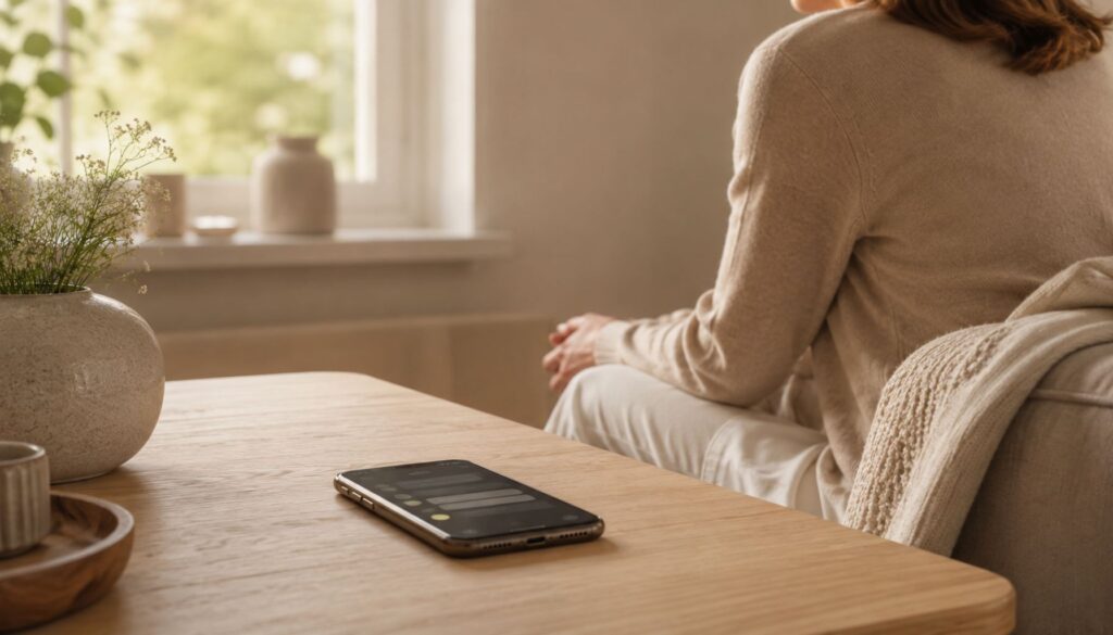 Smartphone auf einem Wohnzimmertisch, während eine Person ruhig am Fenster sitzt und auf eine Nachricht wartet.