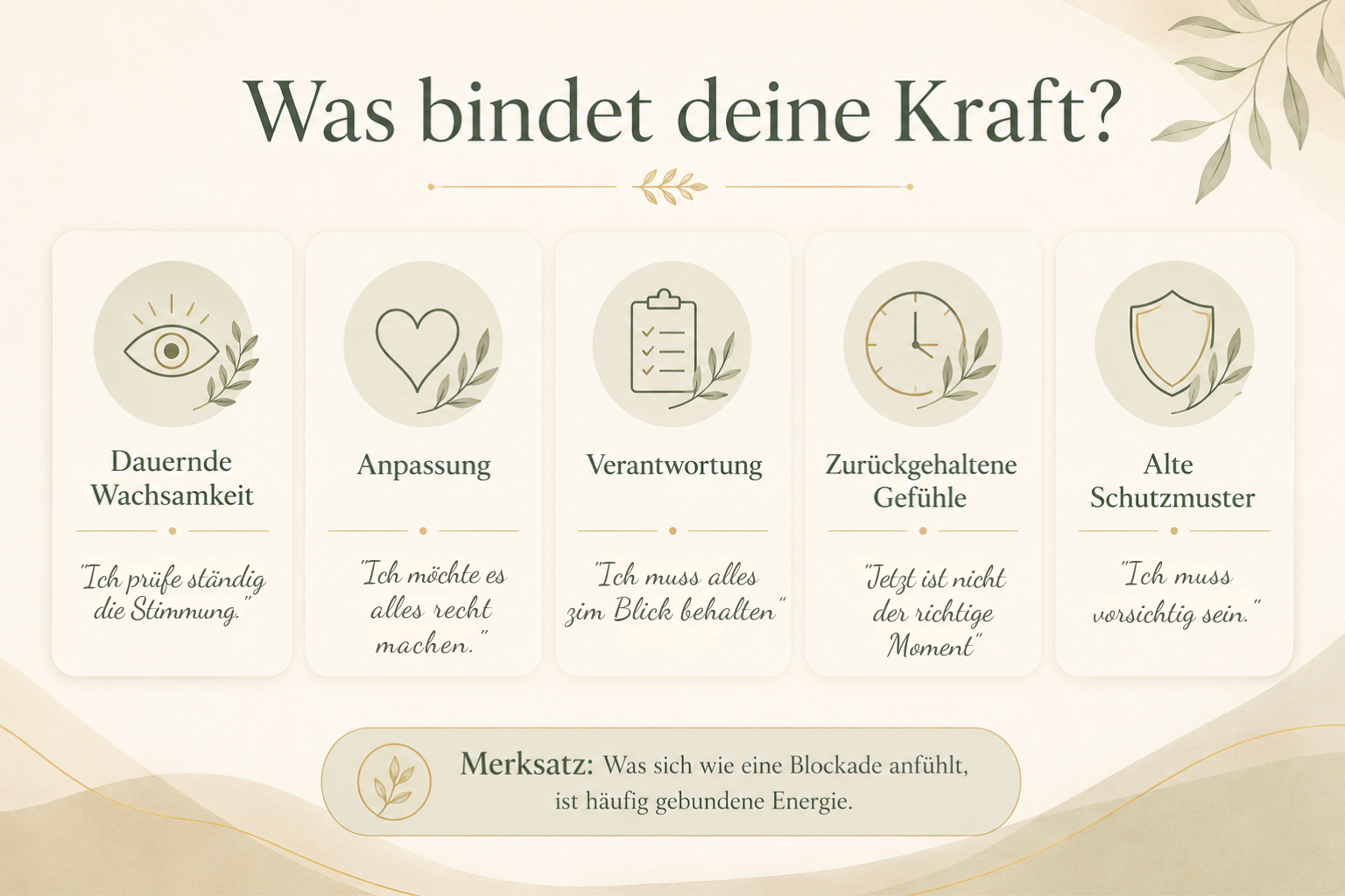 was-bindet-deine-kraft Infografik: Fünf innere Muster, die Kraft binden – dauernde Wachsamkeit, Anpassung, Verantwortung, zurückgehaltene Gefühle und alte Schutzmuster.